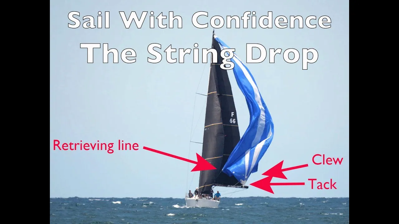 Video frame: yacht with black mainsail dousing a blue-and-white spinnaker, arrows marking retrieving line, clew and tack